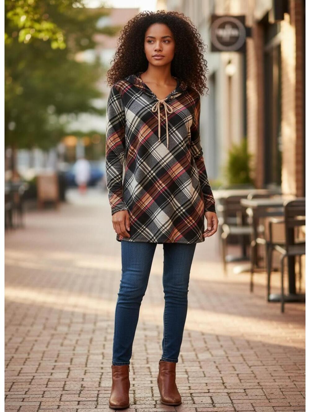 Plaid Hooded Long Sleeve Pullover Sweater